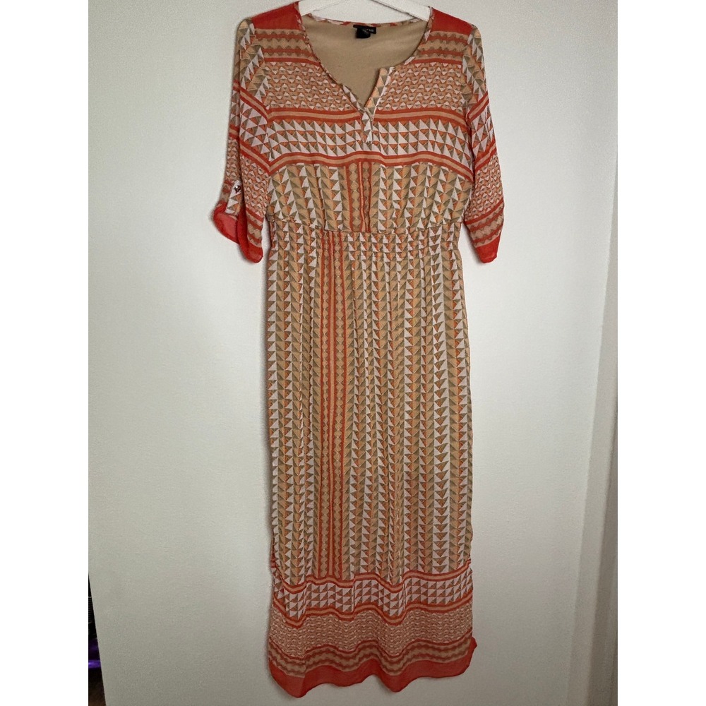 En Focus Studio Orange Geometric Triangle Print Smocked Waist Maxi Dress Size 10